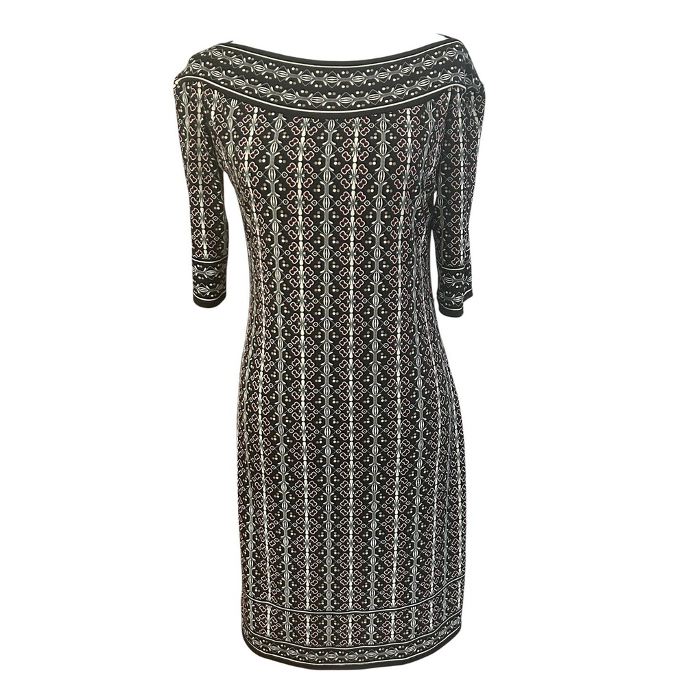 Max Studio Geometric Design Sheath Pencil Dress Black Tan SZ S Boatneck